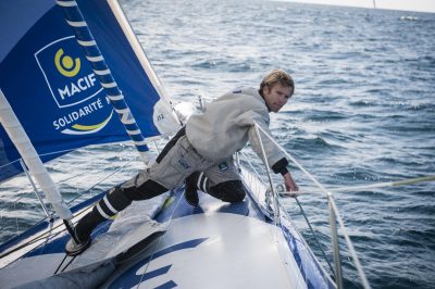 VOILE - PREPARATION VENDEE GLOBE - 2012 gabart (francois) - (fra) - SKIPPER DU 60 PIEDS IMOCA, MACIF, SUR SON BATEAU LORS DE LA PREMIERE COURSE FACE A SIX AUTRES BATEAUX LORS DU STAGE PRÉPARATOIRE AU VENDEE GLOBE ORGANISE PAR LE POLE FINISTERE COURSE AU LARGE. PORT LA FORET, FRANCE, LE 18 SEPTEMBRE 2012