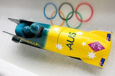 JEUX OLYMPIQUES D'HIVER - BOBSLEIGH - 2014 16.02.2014, Sliding Center Sanki, Krasnaya Polyana, RUS, Sochi, 2014, Bob, Herren Zweier, 1. Lauf, im Bild Heath Spence und Duncan Harvey mit Bob Australia 1 (AUS) // Heath Spence and Duncan Harvey Bob Australia 1 of Australia during Heat 1 of Two-man Bobsleigh of the Olympic Winter Games Sochi 2014 at the Sliding Center Sanki, Krasnaya Polyana, Russia on 2014/02/16. EXPA Pictures © 2014, PhotoCredit: EXPA/ Johann Groder *** Local Caption ***