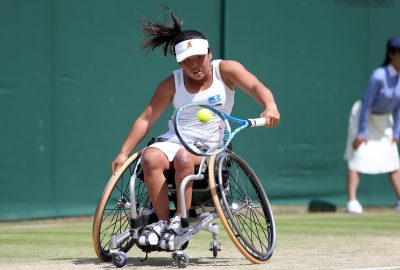 TENNIS - TOURNOI DE WIMBLEDON - GRAND CHELEM - 2016 7th July 2016 - Wimbledon Tennis (Day 10) - Wheelchair Ladies Singles - Aniek Van Koot v Yui Kamiji You Kamiji (JPN) in action Photo: Charlotte Wilson