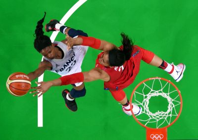 BASKET - JO 2016 - 2016 Aug 18, 2016; Rio de Janeiro, Brazil; France point guard Olivia Epoupa (22) shoots the ball against USA forward Maya Moore (7) during the women's basketball semifinals in the Rio 2016 Olympic Games at Carioca Arena 1. Mandatory Credit: USA TODAY Sports