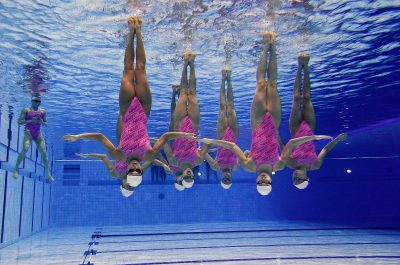 NATATION SYNCHRONISEE - JO 2012 Aug 8, 2012; London, United Kingdom; Japan's synchronized team (JPN) practices during the London 2012 Olympic Games at Aquatics Centre. Mandatory Credit: Rob Schumacher-USA TODAY Sports