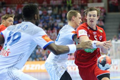HAND - EURO 2016 - 2016 27.01.2016, Krakow, pilka reczna, Mistrzostwa Europy, Francja - Norwegia, Sander Sagosen (NOR), Luc Abalo (FRA), Valentin Porte (FRA), France - Norway, EHF Euro 2016, Handball European Championship, fot. Tomasz Jastrzebowski / Foto Olimpik