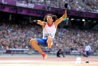 ATHLETISME - JEUX PARALYMPIQUES - 2012 Sep 3, 2012; London, United Kingdom; Arnaud Assoumani of France wins the Silver medal in the Men's long jump F46 Final during the London 2012 Paralympic Games at Olympic Stadium. Mandatory Credit: Paul Cunningham-US PRESSWIRE *** Local Caption ***