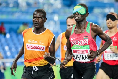 OMNISPORTS - JEUX PARALYMPIQUES - 2016 - ATHLETISME 13.09.2016, Olympic Stadium, Rio de Janeiro, BRA, Rio 2016, Paralympische Sommerspiele, Leichtathletik, im Bild Samwel Mushai Kimani (KEN, on his left guide James Boit) // Samwel Mushai Kimani (KEN, on his left guide James Boit) // during the Athelics of the 2016 Rio Summer Paralympics at the Olympic Stadium in Rio de Janeiro, Brazil on 2016/09/13. EXPA Pictures © 2016, PhotoCredit: EXPA/ Eibner-Pressefoto/ STR *****ATTENTION - OUT of GER*****