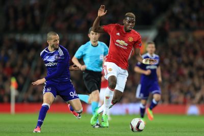 FOOT - LIGUE EUROPA - 2017 20th April 2017 - UEFA Europa League - Quarter Final - Manchester United v Anderlecht - Paul Pogba of Man Utd battles with Sofiane Hanni of Anderlecht - Photo: Simon Stacpoole / Offside. EDITORIAL USE ONLY - any other use requires an additional license