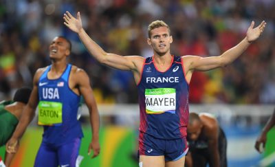 ATHLETISME - JO RIO 2016 - 2016 Aug 18, 2016; Rio de Janeiro, Brazil; Kevin Mayer (FRA) and Ashton Eaton (USA) react after competing in the menÄôs decathlon 1500m heat during track and field competition in the Rio 2016 Summer Olympic Games at Estadio Olimpico Joao Havelange. Mandatory Credit: Christopher Hanewinckel-USA TODAY Sports